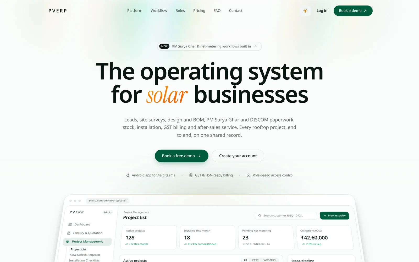 PVERP marketing site: the operating system for solar businesses